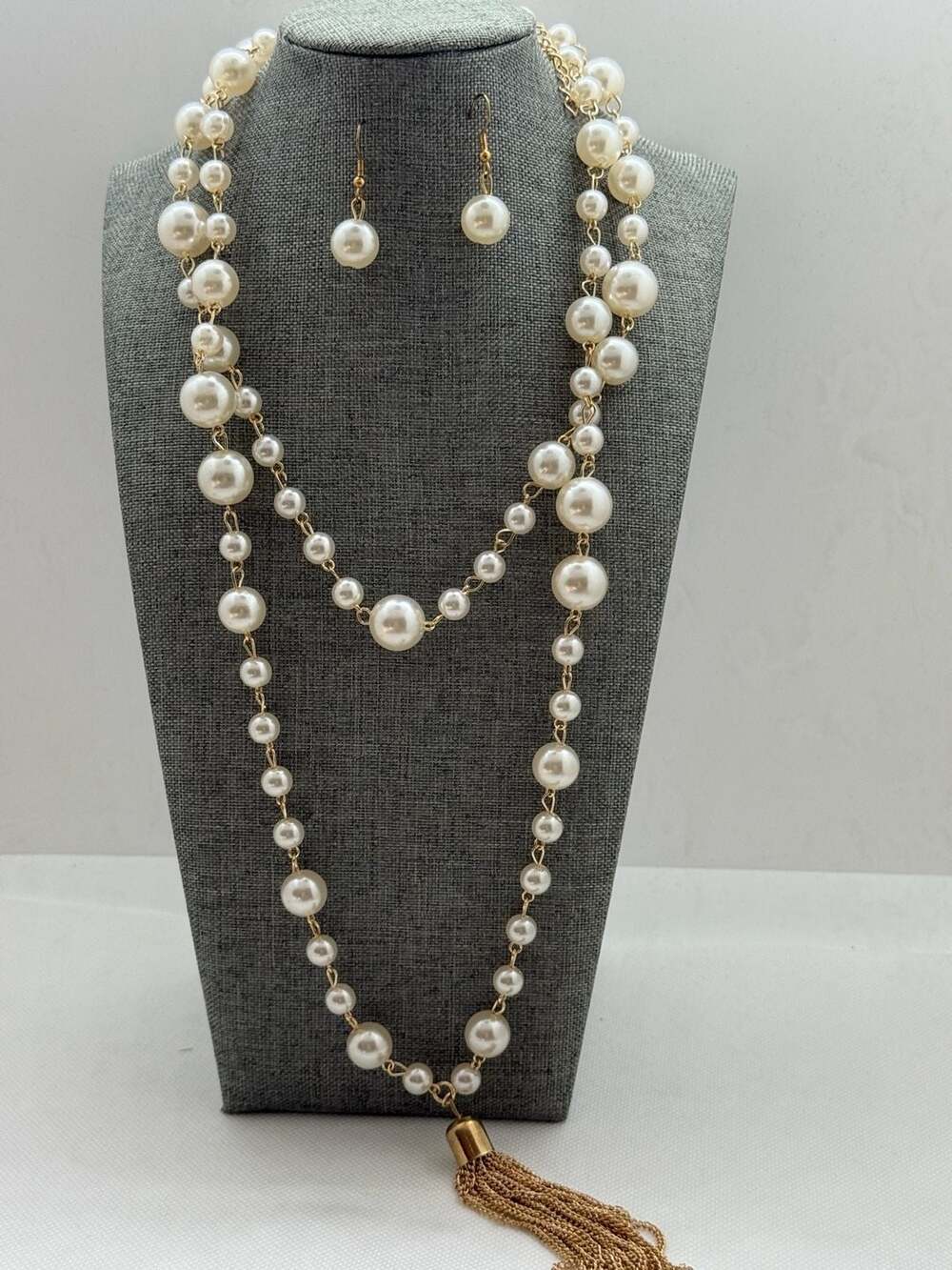 Layered Long Faux Pearl and Gold-Tone Chain Necklace with Matching Earrings Set